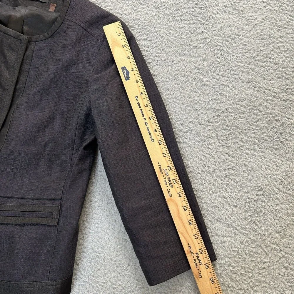 Tahari Jacket Womens 6 Navy Blue 3/4 Sleeves Tweed Blazer Snap Button Collarless